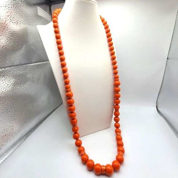 Talbots Orange Bead Necklace, gold toned hardware - Picture 3 of 4